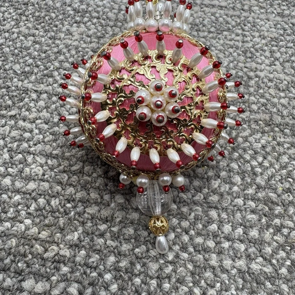 VTG Christmas Ornament PINK Beaded Pins Lace MCM Shiny Round Ball 4.5